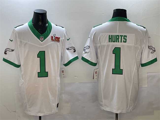 Mens Philadelphia Eagles #1 Jalen Hurts White 2025 Super Bowl LIX Patch F.U.S.E. Vapor Untouchable Limited Stitched Jersey